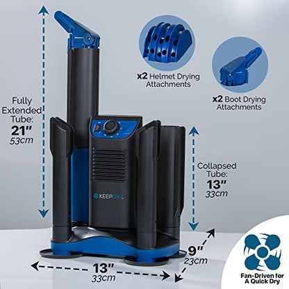 KeepDry Forced Heat Boot Dryer - Heavy Duty Shoe Dryer with Heat Switch & Timer - Quickly Dry Garments - Collapsible Drying Tubes | 250W Forced-Air Boot Dryer, 3-Hr Timer, Heat-Off Switch, 4 Adjustable Collapsible Tubes, Helmet Attachments