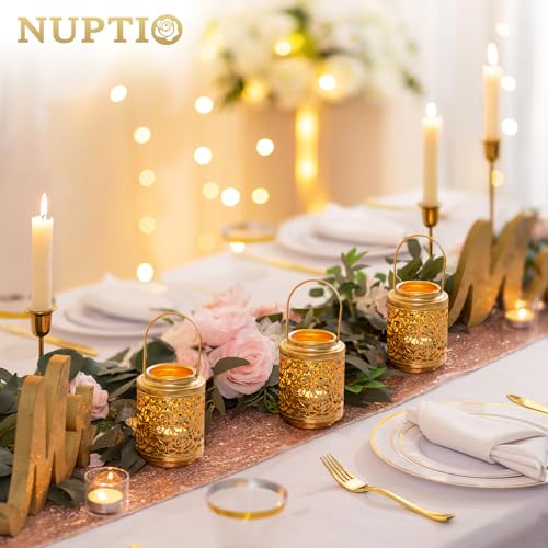 NUPTIO Gold Candle Lanterns Decorative: 6 Pcs Hanging Metal Tealight Candles Holder 4.1inch Brass Mini Tea Light Lantern Centerpiece for Weddings Bridal Shower Anniversary Table Decor (Style 3) - size: Style 3 - 6 Pcs
