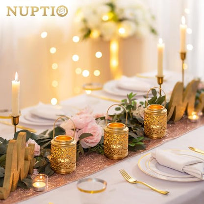 NUPTIO Gold Candle Lanterns Decorative: 6 Pcs Hanging Metal Tealight Candles Holder 4.1inch Brass Mini Tea Light Lantern Centerpiece for Weddings Bridal Shower Anniversary Table Decor (Style 3) - size: Style 3 - 6 Pcs