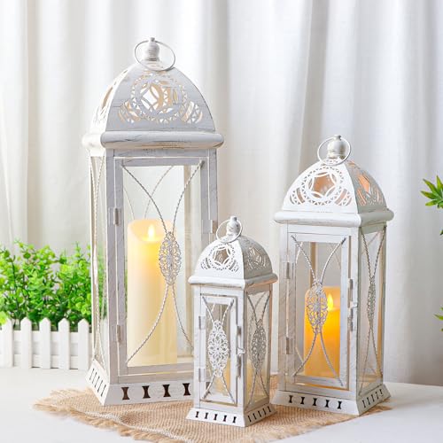 TRIROCKS Set of 3 Large Decorative Candle Lanterns 22''&16"&11" H Vintage Candle Holders for Garden Yard Patio Wedding Parties Events Christmas Indoors Outdoors(Beige with Gold Brush)