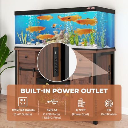 Farmhouse Fish Tank Stand w/Power Outlet – Heavy Duty Aquarium Cabinet, 800 lb Capacity, Adjustable Storage, Thickened MDF & Steel Frame, Sliding Barn Doors, (Light Brown, 75-120 Gallon)