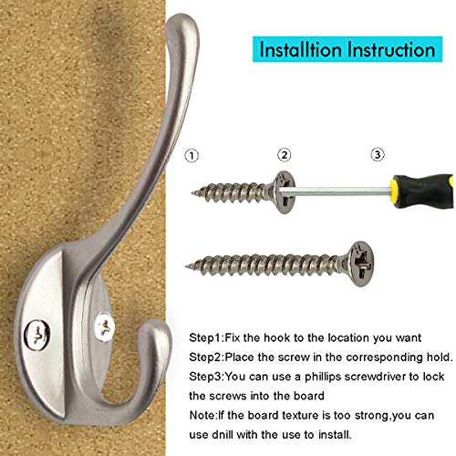 IBosins 10 Pack Silvery Double Coat Hooks Utility Hooks for Coat, Bag, Hat | Dual Coat Hooks Wall Mounted with 40 Screws Retro Double Hooks for Scarf, Towel, Key, Cap, Cup - color: Silvery