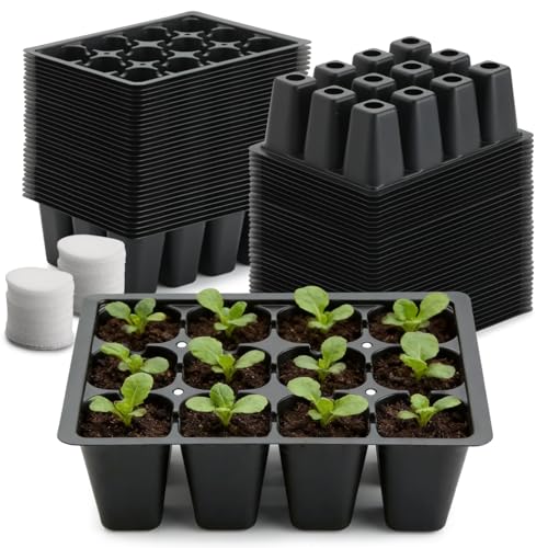 RooTrimmer 60 Pack Reusable 12-Cell Seed Starter Tray, Plant Starter Trays with Large Drainage Holes for Seed Germination, Easy to Repotted, Fits Standard 1020 Flats and TD377 Trays, Black - color: Black, size: 12 Cells-60P