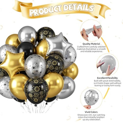 Black and Gold Balloons, Black Silver Gold Balloons, Silver Star Fireworks Printed Balloon With Star Foil Balloon For New Year Retirement Graduation Birthday Baby Shower Party Wedding Celebration - color: Black Silver Gold