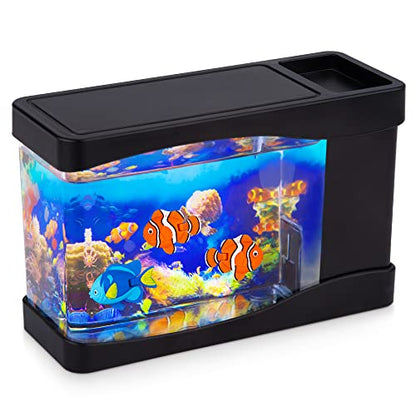 Artificial Fish Tank Virtual Ocean Toy in Motion Lamp - Mini Office Desk Aquarium 3 Colorful LED Lights, Moving Bubbles, Gift for Kids and Adults