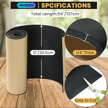 1/4"T x 12"W x 54"L Sponge Neoprene with Adhesive Foam Rubber Sheet | 4.5 Sqft for Weatherproofing, Gasket Seals, Crafts, Soundproof Padding, Vibration Dampening - size: 1/4” Thick X 12” Wide X 54” Long