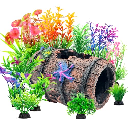 CousDUoBe Fish Broken Barrel Decor Fish Tank Decorations Betta Fish Tank Accessories,Starfish Barrel x 1pc, Aquarium Plants x 11pcs - size: 12 Pcs