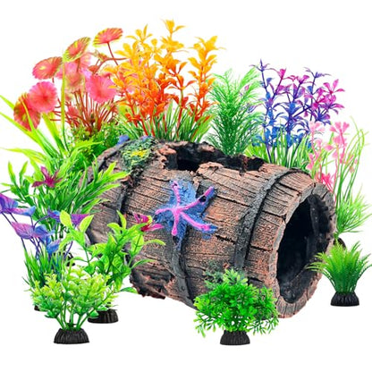 CousDUoBe Fish Broken Barrel Decor Fish Tank Decorations Betta Fish Tank Accessories,Starfish Barrel x 1pc, Aquarium Plants x 11pcs - size: 12 Pcs
