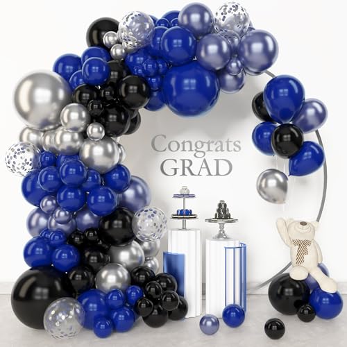 Amandir 153pcs Blue and Black Balloons Arch Garland Kit Different Sizes 18 12 10 5inch Metallic Silver Royal Dark Navy Blue Latex Confetti Graduation Balloon Birthday Space Retirement Party Supplies - color: Blue Black