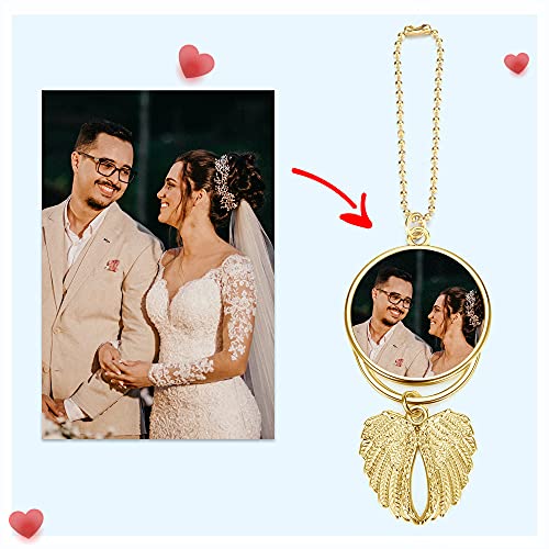 PiercingJ Custom Photo Rearview Mirror Car Charm Double Side Picture Engraving Car Hanging Ornament Angel Wing Car Charm Gift for Men Women Gold - color: Gold-1 Pc