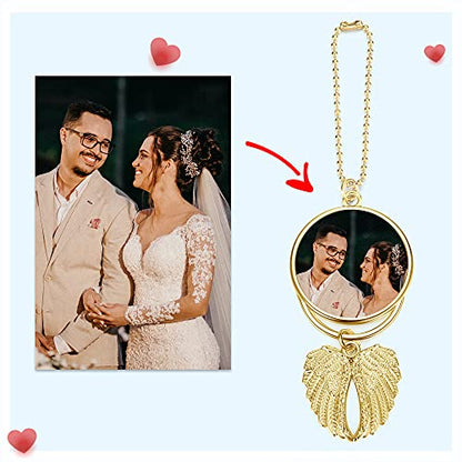 PiercingJ Custom Photo Rearview Mirror Car Charm Double Side Picture Engraving Car Hanging Ornament Angel Wing Car Charm Gift for Men Women Gold - color: Gold-1 Pc