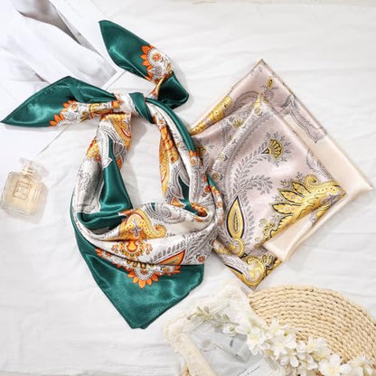 AWAYTR 35” Large Satin Square Head Scarf - 2Pcs Silk Like Floral Head Scarves Square Satin Hair Scarf Bandanas for Women - color: Paisley(green/Apricot)