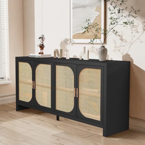 Fiogmub Rattan Sideboard Buffet Cabinet with Storage, Wooden Cabinet | 4 Doors Adjustable Shelves, for Kitchen, Dining Room, Entryway - color: Black