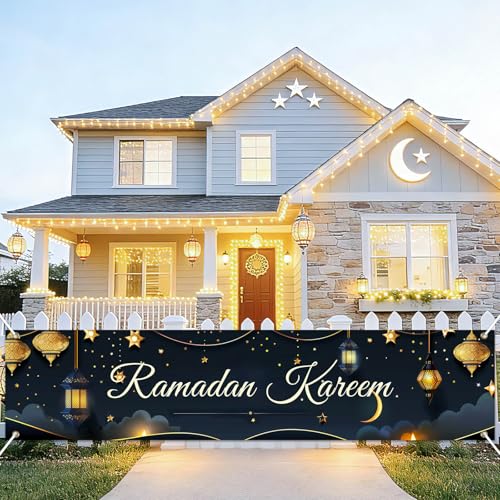 BlissYard Ramadan Kareem Banner 78 x 17 Inch Islamic Holiday Wall Backdrop Moon Star Design for Eid Mubarak Home Porch Fence Party Decor Spiritual Celebration