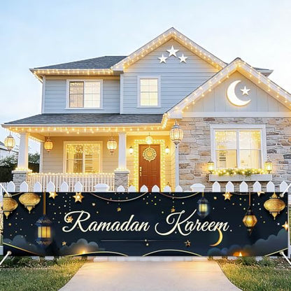 BlissYard Ramadan Kareem Banner 78 x 17 Inch Islamic Holiday Wall Backdrop Moon Star Design for Eid Mubarak Home Porch Fence Party Decor Spiritual Celebration