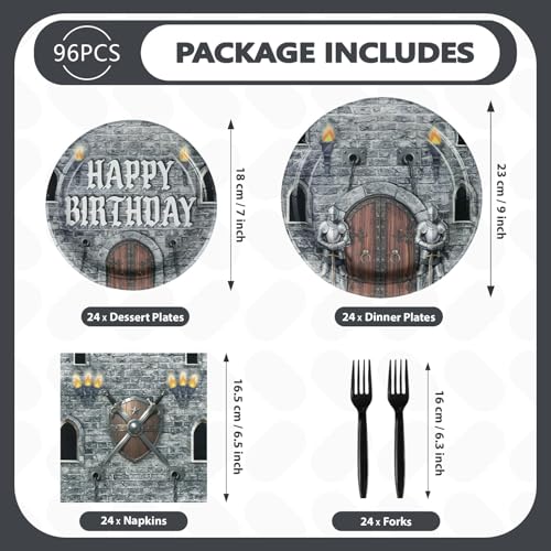 Grencian 96Pcs Medieval Castle Birthday Party Decorations, Serves 24 | Castle Plates and Napkins Disposable Medieval Knight Tableware Set for Kids Birthday Baby Shower Halloween Party Supplies - style: Medieval Castle Theme Birthday