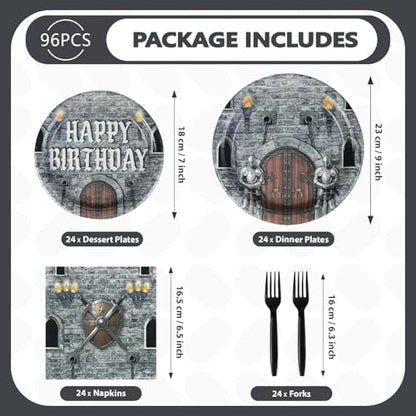 Grencian 96Pcs Medieval Castle Birthday Party Decorations, Serves 24 | Castle Plates and Napkins Disposable Medieval Knight Tableware Set for Kids Birthday Baby Shower Halloween Party Supplies - style: Medieval Castle Theme Birthday