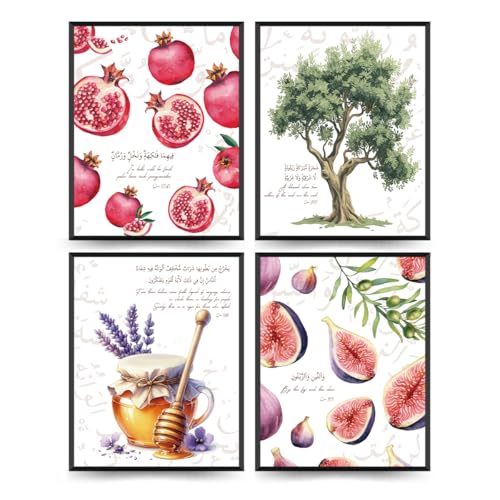 ETVISO Islamic Kitchen Wall Art Prints Set of 4, Quran Verses Fig Olive Tree Pomegranate Decor, Islamic Wall Art Calligraphy, Kitchen Wall Decoration, 8x10(Unframed) - size: 10"L x 8"W