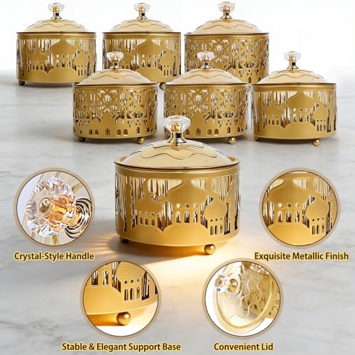 6PCS Ramadan Tray with Lid Eid Mubarak Dinner Plate Ramadan Serving Tray Muslim Islamic Dessert Trays Tableware Dessert Metal Platters Candy Storage Container Pastry Small Display Holder