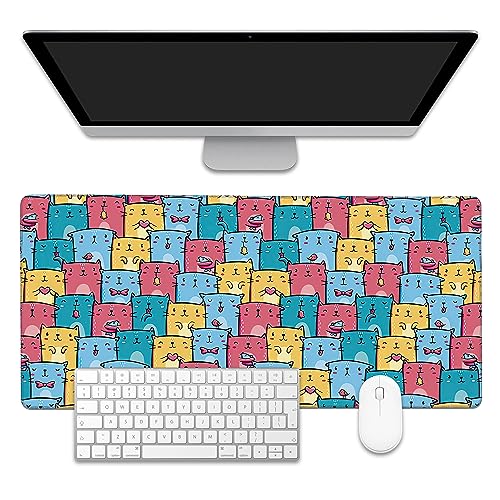 Kawaii Colorful Cats Desk Mat,Large Gaming Mouse Pad,Non-Slip Rubber Base Desk Pad with Stitched Edges for Desk Office Home Decor 35.4X15.7 Inch - color: Kawaii Colorful Cats