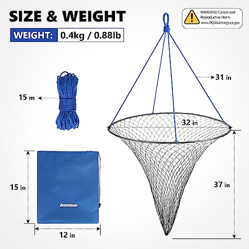 QualyQualy Large Bridge and Pier Fishing Net 32''/39'' Hoop, Foldable Drop Net Pier Fishing for Saltwater with Rope, Landing Net with Nylon Mesh, Collapsible Soft Steel Ring - color: Gray, size: M: 32''×36''