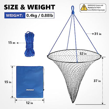 QualyQualy Large Bridge and Pier Fishing Net 32''/39'' Hoop, Foldable Drop Net Pier Fishing for Saltwater with Rope, Landing Net with Nylon Mesh, Collapsible Soft Steel Ring - color: Gray, size: M: 32''×36''
