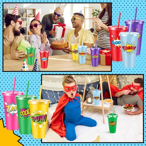 Chuangdi 12 Pcs Hero Cups 24 oz Plastic Reusable Tumblers with Lids and Straws Themed Drinking Cups for Birthday Decorations Party Favors Supplies Gifts - style: Hero