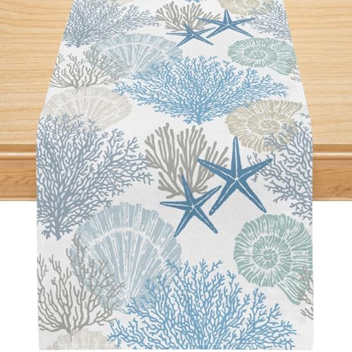 Summer Beach Table Runner, Coastal Starfish Seashell Coral Pattern, Cotton Linen Nautical Table Decoration for Dining Room Kitchen Parties, 13x36 Inch - color: Blue Starfish, size: 13x36inch