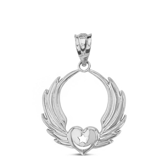 Claddagh Gold Winged Heart with Star & Crescent Islam Sufi Order Pendant Necklace Fine Real Solid 925 Sterling Silver - style: Pendant Only