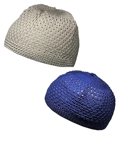 Set 2 Pieces Muslim Skull Cap Beanie AMN-341 Islam Prayer Crochet Takke Kufi Hat Eid Ramadan Gift - color: Brown & Dark Blue, size: Large
