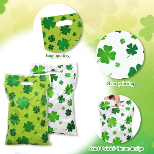 40pcs St. Patrick's Day Four-leaf Clover Gift Bags with Die Cut Handle, Green and White Double-side Color Print Lucky Cellophane Plastic Candy Cookie Treat Goodies Bag Saint Patricks Day Party Favor