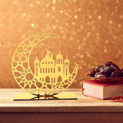Acrylic Ramadan Decorations Islamic Eid Mubarak Kareem Table Sign Moon Hollow Star Ornament for Muslim Party Tabletop Decor Home Art Craft Decoration Golden Moon