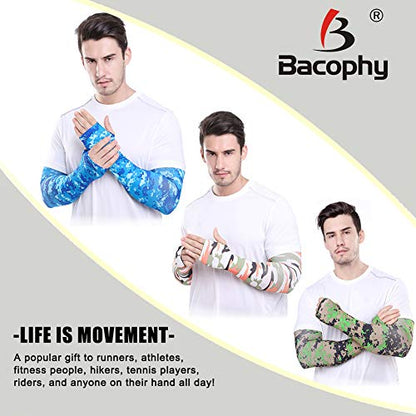 Bacophy 3 Pairs Arm Sleeves with Thumb Holes Women Men UV Protection Cooling, UPF 50 Compression Long Arm Cover - color: 3-pairs Blue Camo+orange Camo+green Camo