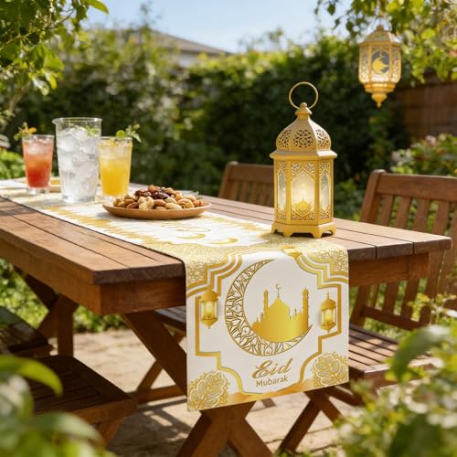 Ramadan Mosque Linen Table Runner: White and Gold Mosque Moon Tablerunner Muslim Eid Al-fitr Eid Mubarak Perfect for Ramadan Party Home Kitchen Dining Mantel 13×72Inches(1 Pcs) - color: Ramadan White