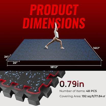 SUPERJARE 0.79'' Extra-Thick Exercise Equipment Mats, 48 Pcs 192 Sq Ft Rubber Top Floor Tiles with High Density EVA Foam, Interlocking Gym Flooring for Home Gym, Workout Mat, Black/Blue - size: 48 Tiles (192 Sq Ft)