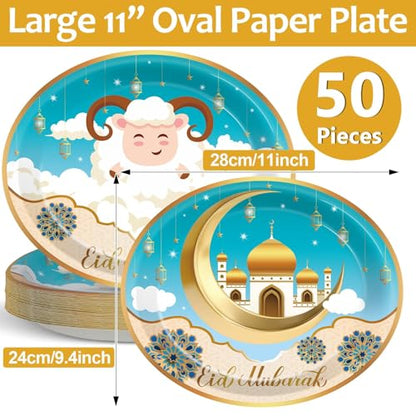 Qyeahkj 이드 알 아드하 타원형 종이 접시 50개, 대형 27.9cm(11인치) 일회용 이드 무바라크 파티 장식 이슬람 무슬림 용품 양 라마단 무슬림 이드 알 피트르 파티 식기 세트 - style: Sheep Eid Al Adha