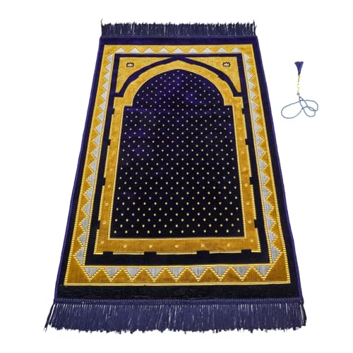 Muslim Prayer Rug, Soft Plush Thin Islamic Prayer Mat, Janamaz, Sajada, Praying Carpet, Islamic Gift, Foldable Portable Turkish Prayer Mat for Men&Women, Lightweight Travel Prayer Rug, 26"x43" - color: Taif / Navy