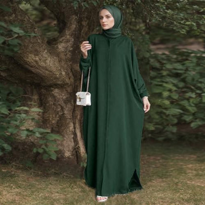 ODASDO Muslim Dresses for Women Abaya Button Down Henley Shirt Prayer Dress Batwing Long Sleeve Middle East Arabian Robe - color: Dark Green