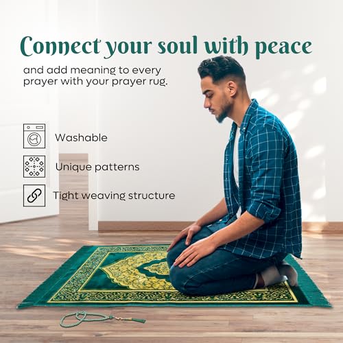 Muslim Prayer Rug, Soft Plush Thin Islamic Prayer Mat, Janamaz, Sajada, Praying Carpet, Islamic Gift for Men & Women, Islamic Mat, DarkGreen, Eid & Ramadan Gift with Prayer Beads, 26x43 inch - color: Darkgreen-sacred