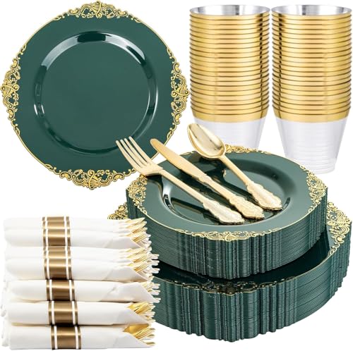 Nervure 175Pcs Green Plastic Plates, Disposable Party Plates for 25 Guests - color: Green, size: 175Pcs(25Guests)