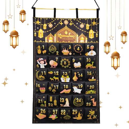 AhfuLife Ramadan Advent Calendar Decorations for Filling, Reusable Fabric Hanging 2026 Ramadan Mubarak Countdown Calendar with 30 Pockets for Eid Mubarak Party Ramadan Gift Home Wall Door - color: Black