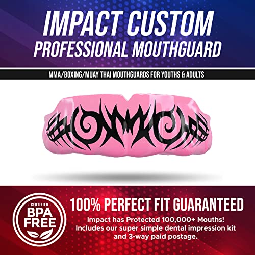 Impact Mouthguard Boxing, MMA, Muay Thai Sports Mouthguards for Youth Adults, Professional Custom-Fit, Tribal Black on Pink - color: Black on Pink