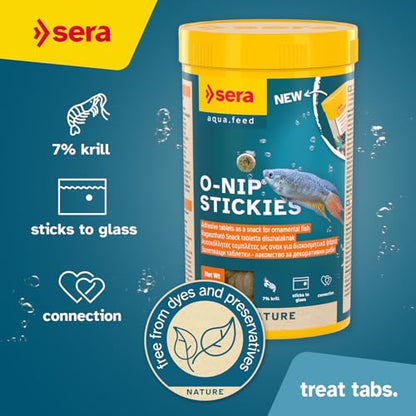 Sera O-Nip Nature 265 Tabs 8.45 oz | Complete Feed for All Ornamental Fish | Adhesive Tablets Stick to the Aquarium Glass | High Protein | No Dyes & Preservatives | with Bloodworms, Krill & Tubifex - size: 6 Ounce (Pack of 1)