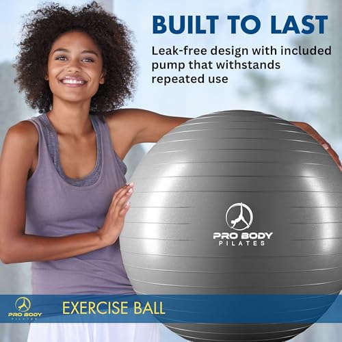 ProBody Pilates Yoga Ball - Gym Grade Exercise Ball | Sizes 45/55/65/75/85 cm, 880 lb Load, CA 10P Cert, PT & Prenatal Use, Recommended by OBs, Pump - color: Silver, size: M: 19-22 inches/48-55 cm