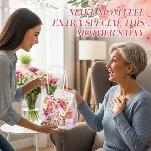 Aliceset 24 Pcs Mother's Day Floral Clear Gift Bags with Handles Best Mom Ever Tote Bags Reusable PVC Goodie Handbags Mother's Day Favor for Gift Wrapping, Party Decorations, 6.31"x 5.91"x 3.15" - style: Best Mom Ever