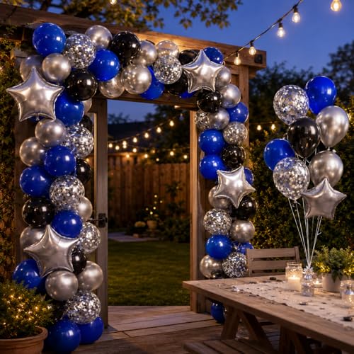 Blue and Black Balloons with Silver Star Foil Balloons for Birthday Party - color: Blue and Sliver, size: 30PC