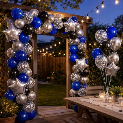Blue and Black Balloons with Silver Star Foil Balloons for Birthday Party - color: Blue and Sliver, size: 30PC