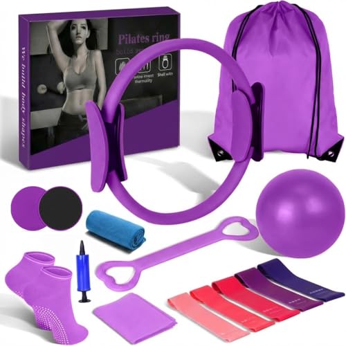 15PCS Pilates Kit for Home Workouts - Complete Set with Pilates Ring, Exercise Ball, Resistance Bands, Core Sliders & Workout Guide - Full Body Toning & Core Strength for Women Beginners - color: Purple