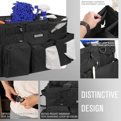 SCAVATA Wearable Cleaning Caddy Bag, Supplies Organizer with Handle & Shoulder Straps for Housekeepers, Under Sink & Car Cleaning Tool Organizer with 4 Foldable Dividers (Black) - color: Black