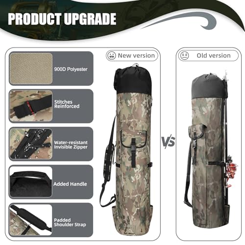 Fishing Pole Bag Rod Case, Folding Fishing Pole Bag Fishing Gear | 900D Oxford Fabric Fishing Pole Case, Large Capacity, Holds 5 Fishing Poles with Reels, Lightweight Fishing Gifts for Men Boy - color: Green Caomo